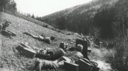 Żołnierze 100 Cieszyńskiego Pułku Piechoty podczas ataku na wzgórze Pustki w bitwie pod Gorlicami. 1915.05.02 . Fot. NAC