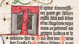 Ręcznie malowany inicjał litery „T”, pochodzący z Missale Wratislaviense (Mszał wrocławski), Moguncja; 24 VII 1483. Drukarz Peter Schöffer. Źródło: MNWr