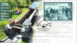 Kartkę Poczty Polskiej upamiętniająca 250. rocznicę rozpoczęcia budowy Kanału Bydgoskiego