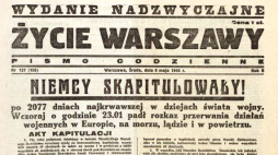 Pierwsza strona nadzwyczajnego wydania "Życia Warszawy" z 9 maja 1945 r. Źródło: Mazowiecka Biblioteka Cyfrowa