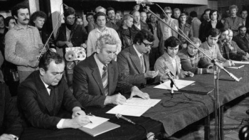 Podpisanie Porozumień Jastrzębskich w kopalni „Manifest Lipcowy”. 03.09.1980. Fot. PAP/CAF/S. Jakubowski