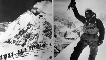 Jerzy Kukuczka na szczycie Gaszerbrum I (Hidden Peak, K5). 23.07.1983. Fot. PAP/Reprodukcja