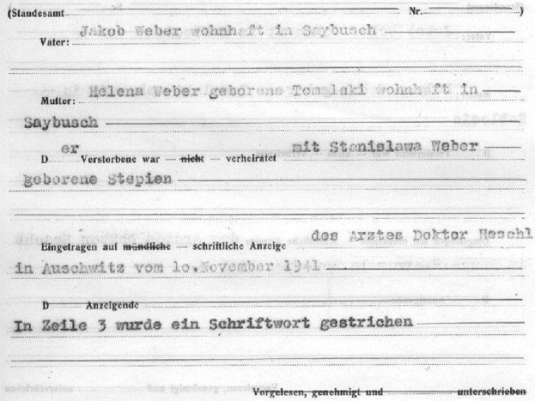 Obozowy akt zgonu Eugeniusza Webera. Źródło: Państwowe Muzeum  Auschwitz-Birkenau
