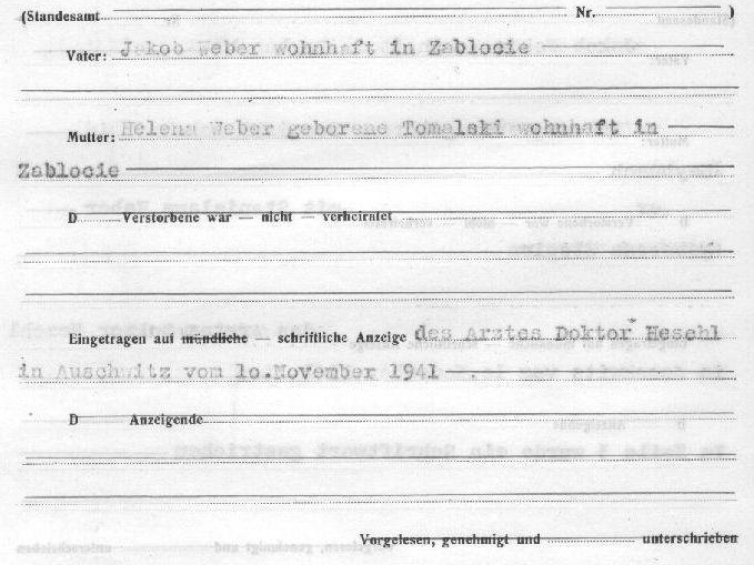 Obozowy akt zgonu Michała Webera. Źródło: Państwowe Muzeum  Auschwitz-Birkenau