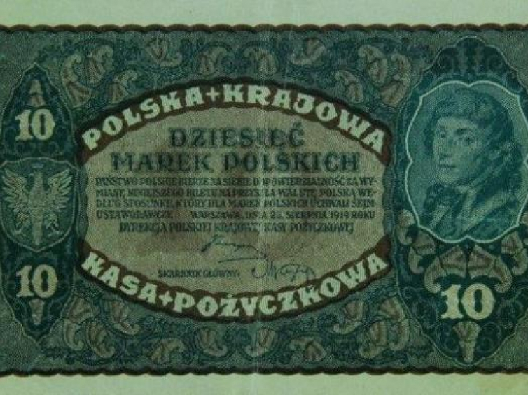 Banknot o nominale 10 marek polskich z 1919 r. Źródło: Muzeum Miasta Turku im. Józefa Mehoffera