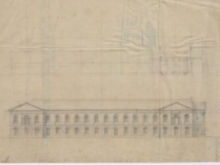 Projekty pawilonu Uniwersytetu Warszawskiego: fasada elewacja boczna i przekroje z 1816 r. Źródło: CBN Polona