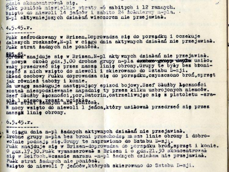 Dziennik działań bojowych 3.p.p. 05.1945. Źródło: Centralne Archiwum Wojskowe
