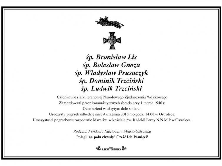 Pogrzeb Bolesława Gnozy, Bronisława Lisa, Władysława Prusaczyka, Dominika i Ludwika Trzcińskich. Źródło: Fundacja Niezłomni