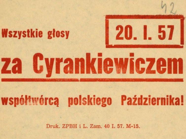 Ulotka wzywająca do głosowania na Józefa Cyrankiewicza w wyborach do Sejmu PRL. Źródło: IPN