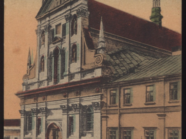 Kościół oo. jezuitów we Lwowie. Pocztówka, około 1930 r. Źródło: BN Polona