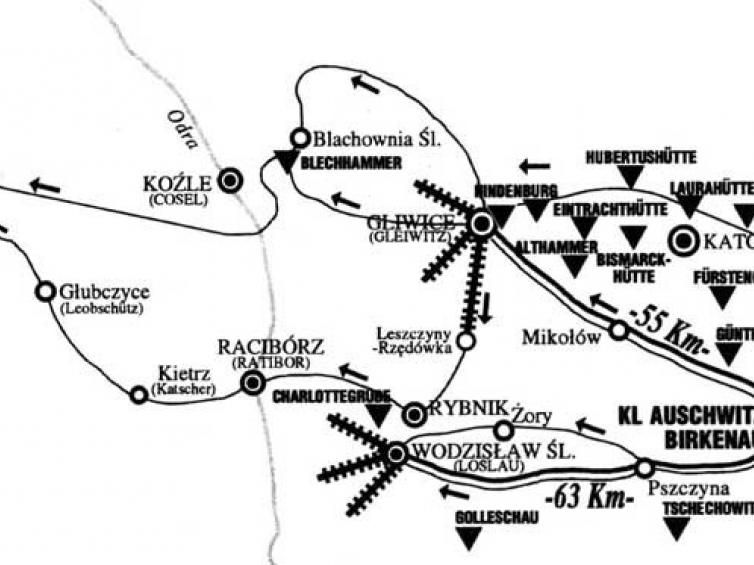 Trasa ewakuacji obozu. Źródło: Państwowe Muzeum Auschwitz-Birkenau