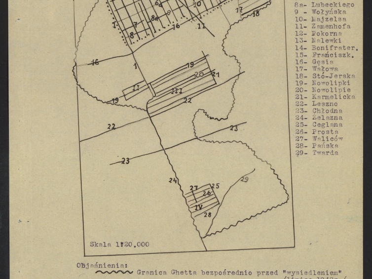 Plan getta warszawskiego, listopad 1942 r. Źródło: Archiwum Akt Nowych