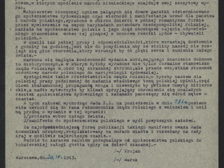 Raport Rady Pomocy Żydom do Pełnomocnika Rządu na Kraj z 30 kwietnia 1943 r. Źródło: Archiwum Akt Nowych