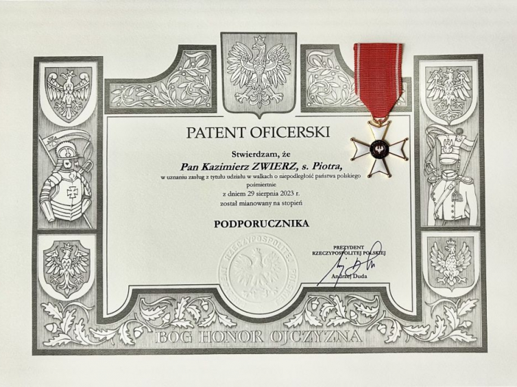 Kazimierz Zwierz - patent oficerski i odznaczenie