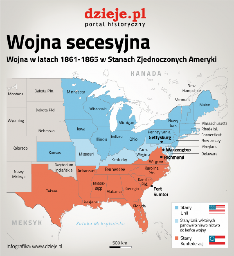 Mapa wojny secesyjnej w Stanach Zjednoczonych