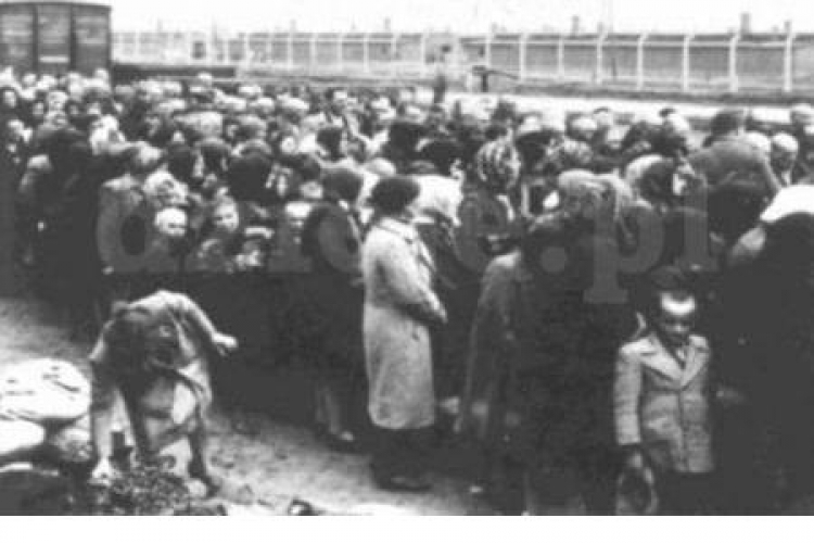Żydzi na rampie w Birkenau oczekujący na selekcję. Źródło: Muzeum Auschwitz-Birkenau