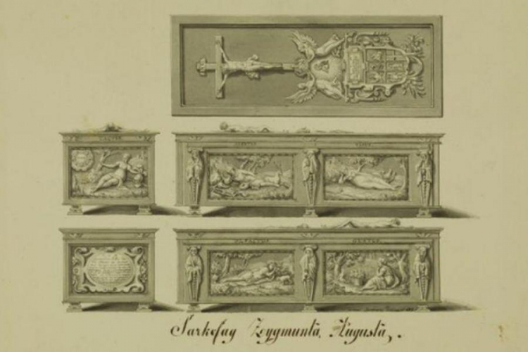Sarkofag Zygmunta Augusta - rysunek Michała Stachowicza z 1817 r. Źródło: CBN Polona