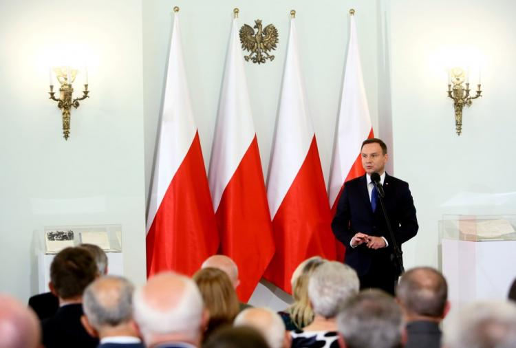 Prezydent Andrzej Duda podczas spotkania w Pałacu Prezydenckim w 40. rocznicę utworzenia KOR. Fot. PAP/L. Szymański