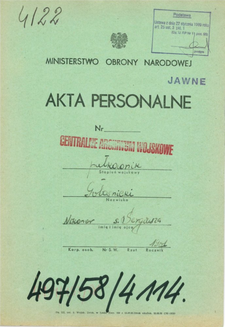 Akta personalne płk. Nikanora Gołośnickiego ps. "Ożga". Źródło: Wojskowe Biuro Historyczne