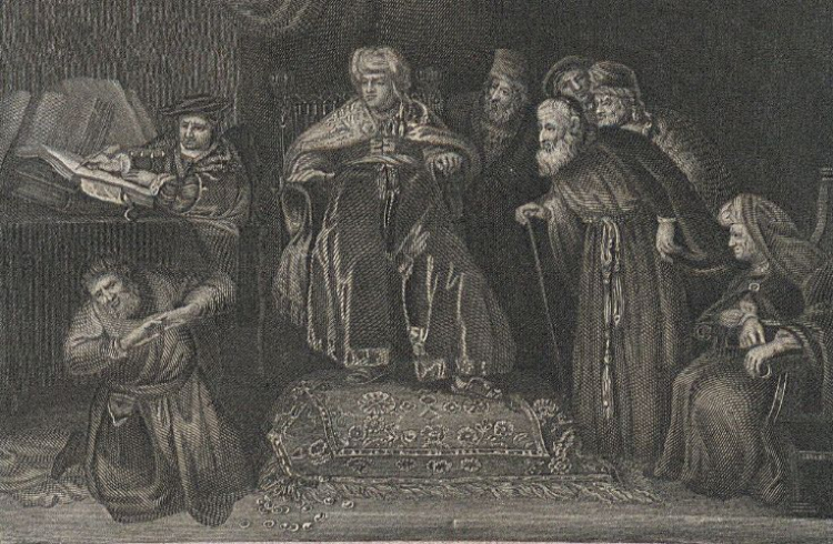 "Skruszony Judasz", grafika niemiecka z poł. XIX w. - wz. Paul Peter Rubens. Źródło: BN Polona