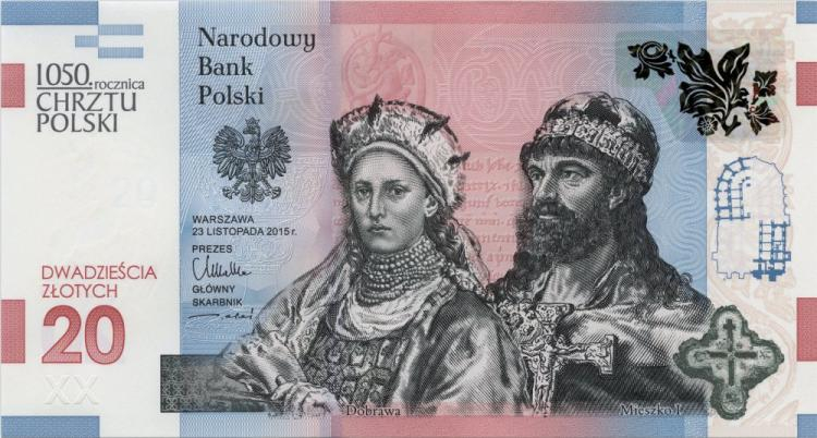Banknot o nominale 20 złotych "1050-lecie Chrztu Polski". Źródło: PWPW S.A.