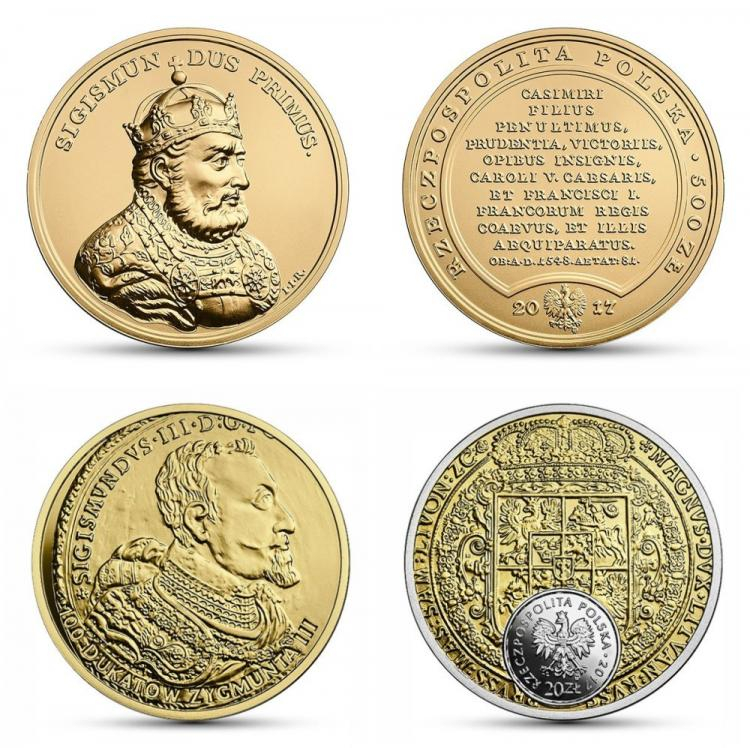Nowe monety kolekcjonerskie NBP: „Zygmunt I Stary” (góra) i „100 dukatów Zygmunta III”