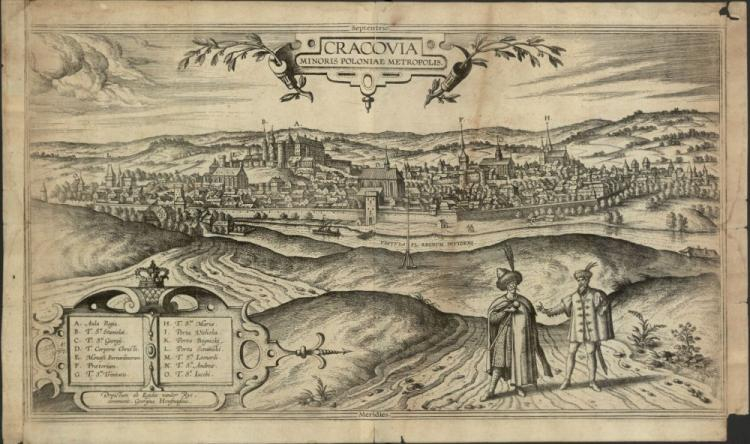 Panorama Krakowa - miedzioryt z 1607 r. Źródło: CBN Polona