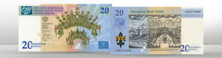 20-złotowy kolekcjonerski banknot NBP z okazji 300-lecia koronacji obrazu Matki Bożej Częstochowskiej