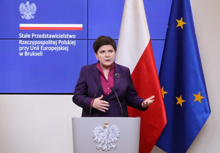 Premier Beata Szydło podczas konferencji prasowej w Brukseli. Fot. PAP/P. Supernak
