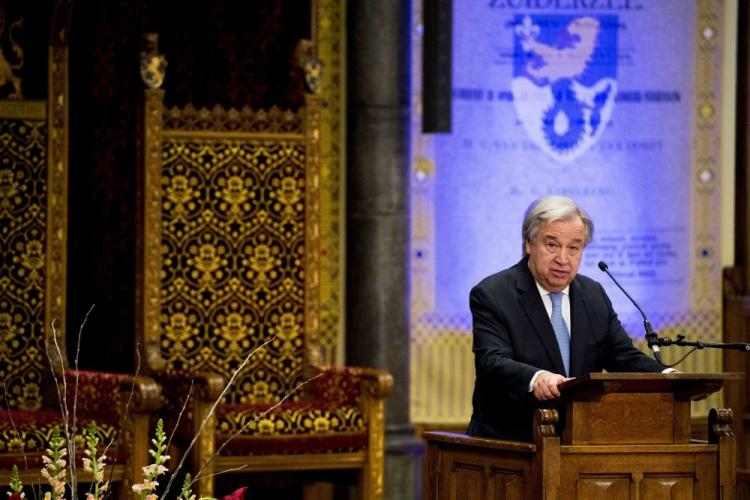 Sekretarz generalny ONZ Antonio Guterres podczas ceremonii zamknięcia Międzynarodowego Trybunału Karnego dla byłej Jugosławii (ICTY) w Hadze. 21.12.2017. Fot. PAP/EPA
