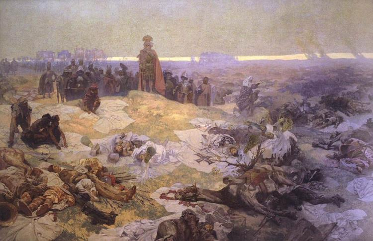 Obraz Alfonsa Muchy „Po bitwie pod Grunwaldem”. Źródło: Wikimedia Commons