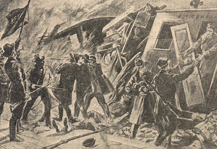 Rysunek przedstawiający akcję OB PPS pod Rogowem w 1906 r. Źródło: www.commons.wikimedia.org
