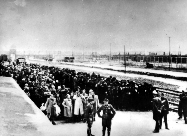 Selekcja więźniów niemieckiego obozu Auschwitz na rampie. Fot. PAP/CAF/Reprodukcja
