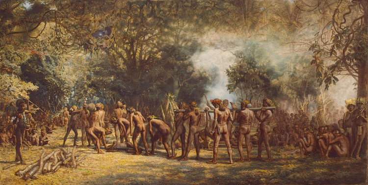 Uczta kanibali na Vanuatu. Obraz Charlesa E. Gordona Frazera, około 1885 r. Źródło: Wikipedia.