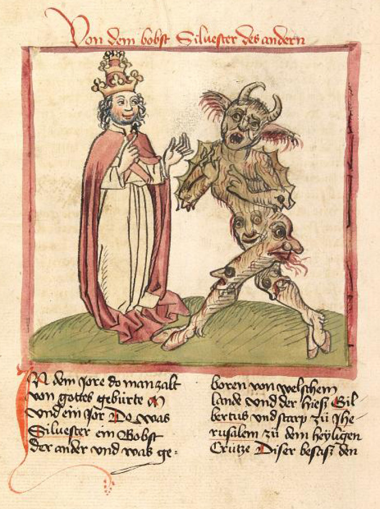 Papież Sylwester II i szatan. Ilustracja z działa "Chronicon pontificum et imperatorum" z 1460 r.