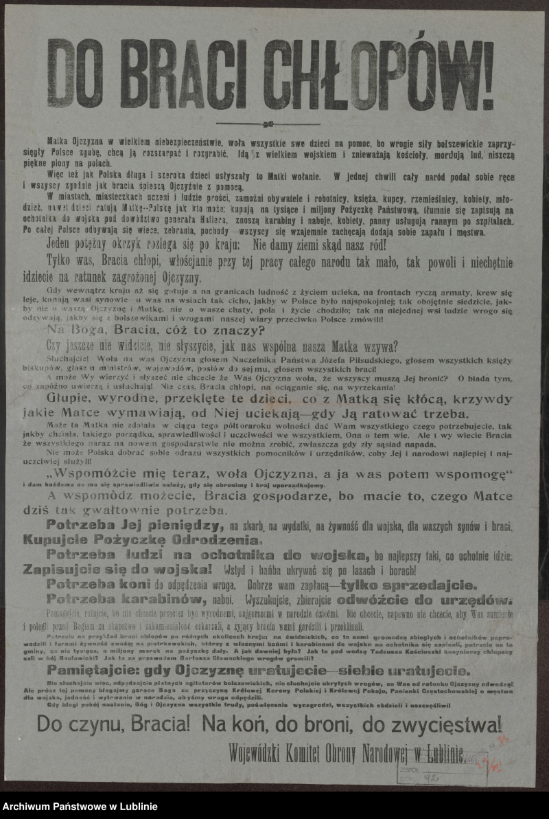 Do braci chłopów! - odezwa w sprawie nabywania Pożyczki Odrodzenia, wstępowania ochotniczo do wojska, sprzedaży koni, zbiórki karabinów. Fot. Narodowe Archiwum Cyfrowe
