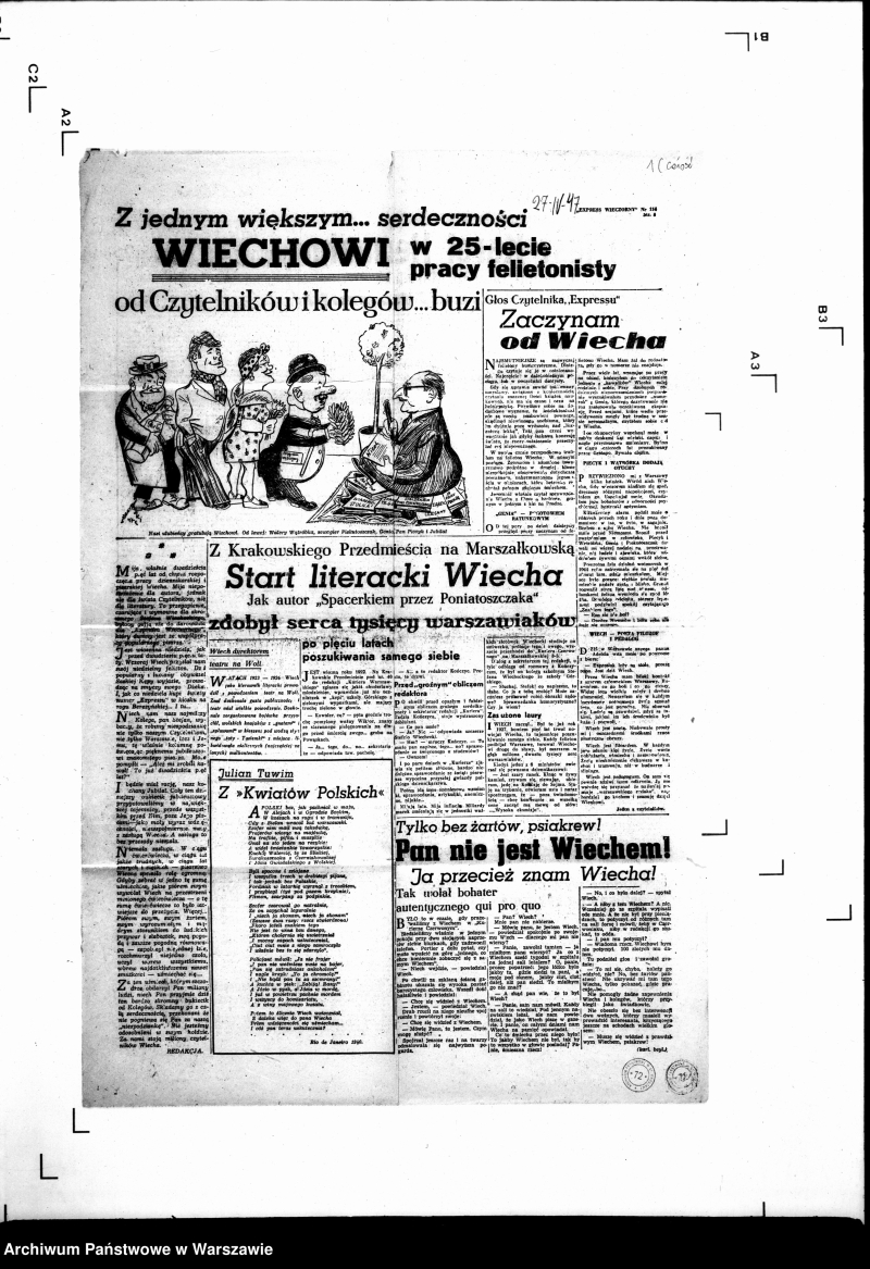 Numer "Expressu Wieczornego" poświęcony 25. rocznicy pracy felietonisty Stefana Wiecheckiego. Fot. Narodowe Archiwum Cyfrowe