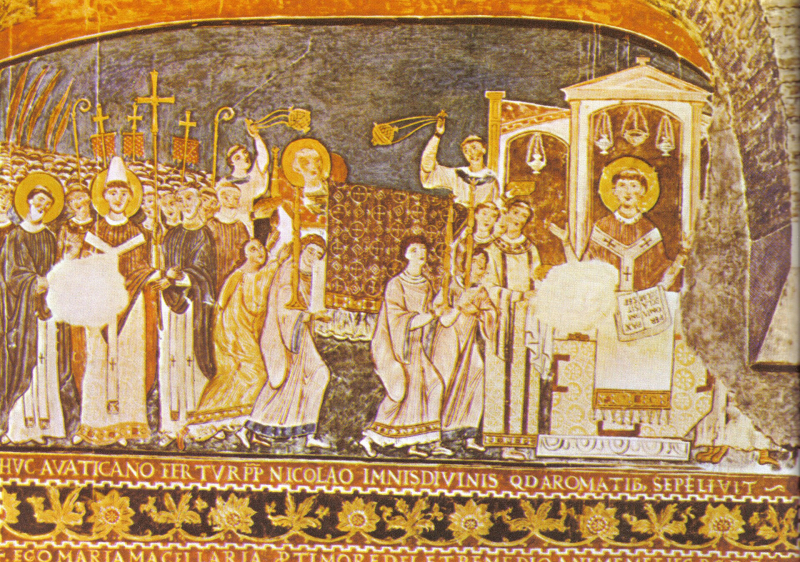 Cyryl i Metody przywożący relikwie św. Klemensa do Rzymu, fresk w bazylice św. Klemensa w Rzymie. Źródło: AnonymousUnknown author, Public domain, via Wikimedia Commons