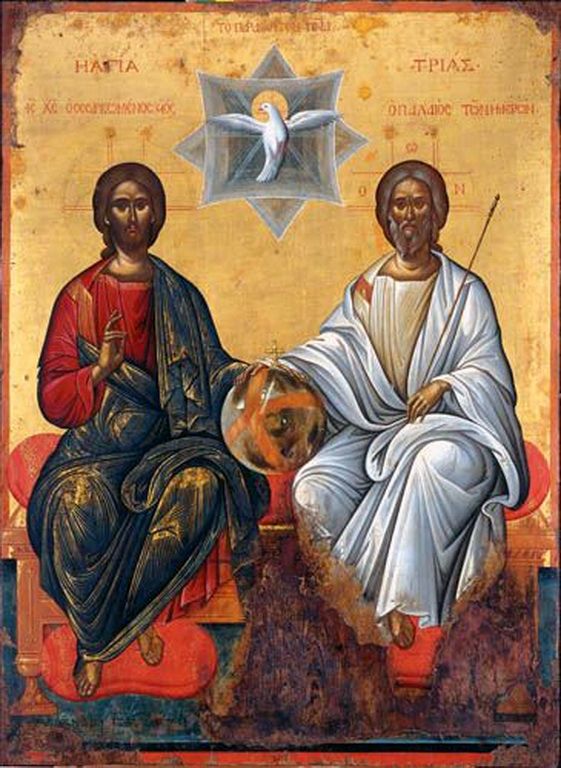 Trójca Święta z globusem – Bóg Ojciec po prawej, Jezus Chrystus po lewej (ikona autorstwa Eliasa Moskosa lub Michaiła Damaskinosa, XVI w.). Źródło: Possibly Elias Moskos, Public domain, via Wikimedia Commons