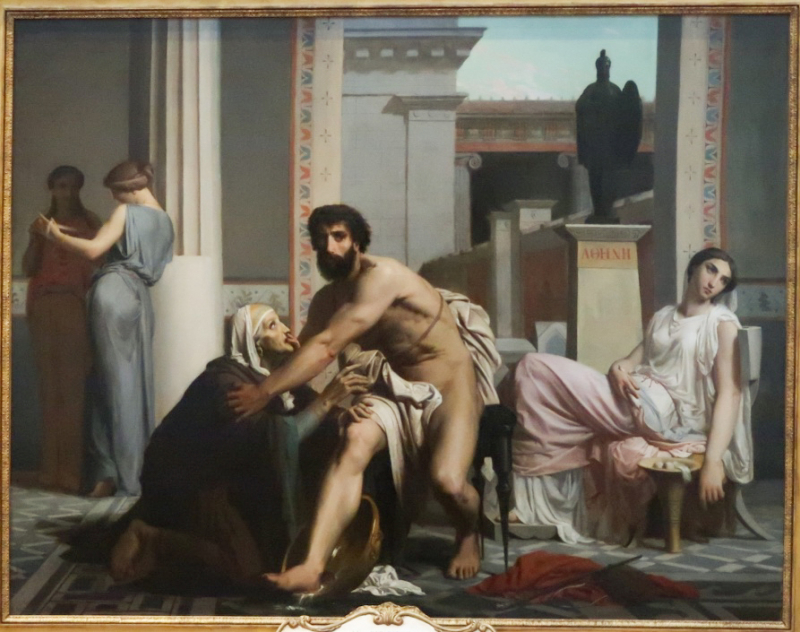 "Odyseusz zostaje rozpoznany przez swoją niańkę" - obraz Williama Bouguereau, 1848. Penelopa jest przedstawiona po prawej stronie. Muzeum w La Rochelle. Źródło: William-Adolphe Bouguereau, CC BY-SA 4.0 <https://creativecommons.org/licenses/by-sa/4.0>, via Wikimedia Commons
