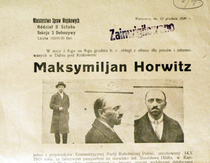 List gończy za Maksymilianem Horwitzem, członkiem Komitetu Centranego Komunistycznej Partii Robotniczej Polski, 1920. Fot. Ministry of Defense of Poland 1920, Public domain, via Wikimedia Commons