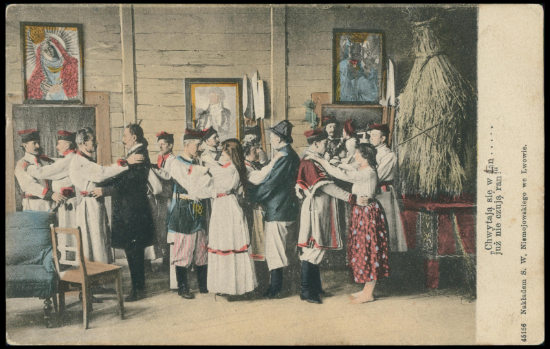 Pocztówka ze spektkaklu "Wesele" Stanisława Wyspiańskiego, 1901 r. Źródło: Stefan Wierusz Niemojowski