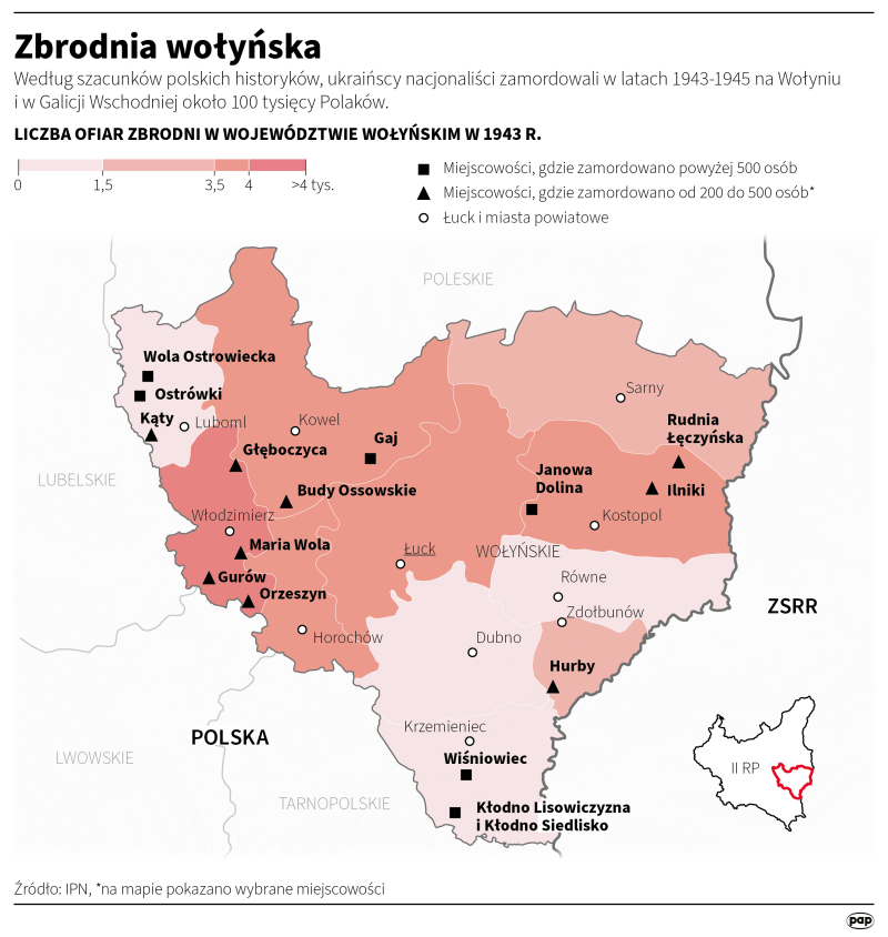Tereny na Wołyniu, gdzie dochodziło do zbrodni na Polakach. Oprac. Michał Czernek, Adam Ziemienowicz (PAP)