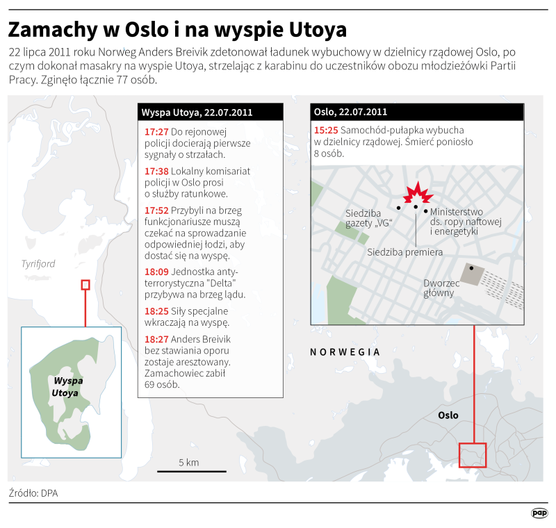 Zamachy w Oslo i na wyspie Utoya. Oprac. Adam Ziemienowicz (PAP)