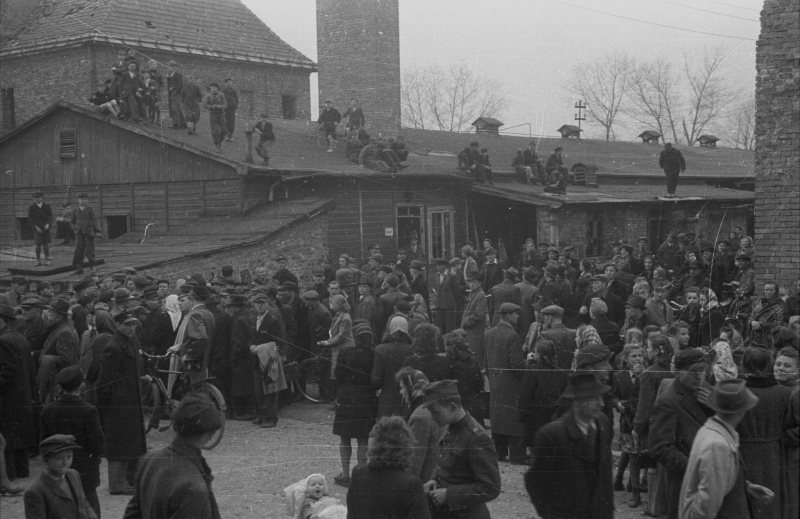 Tłum oczekujący na egzekucję Rudolfa Hoessa na terenie byłego obozu Auschwitz-Birkenau. Fot. PAP/Stanisław Dąbrowiecki