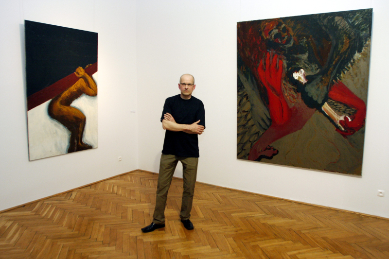Warszawa, 28.04.2008 r. W Galerii Studio w Pałacu Kultury i Nauki miał miejsce wernisaż wystawy malarstwa Ryszarda Woźniaka, współzałożyciela legendarnej Gruppy - pt. "Grand Reserva. Obrazy z lat 1982-1989, odnalezione". Fot. PAP/Tomasz Gzell