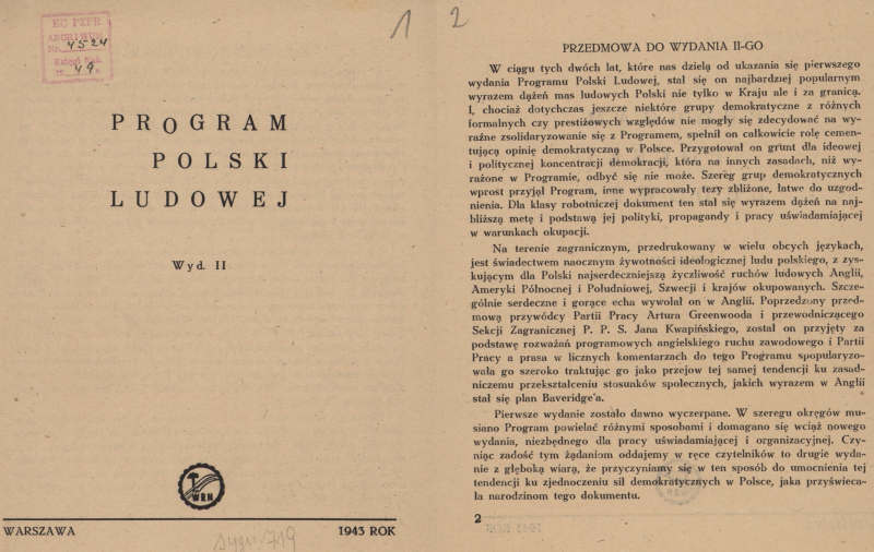 Broszura „Program Polski Ludowej”. Wydawca: Wolność, Równość, Niepodległość, Warszawa, 1943 r. Fot. Narodowe Archiwum Cyfrowe