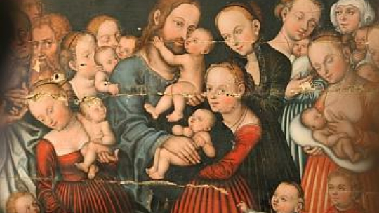 Obraz "Chrystus błogosławiący dzieci", po pierwszym etapie konserwacji. 25.11.2010. Fot. PAP/J. Bednarczyk