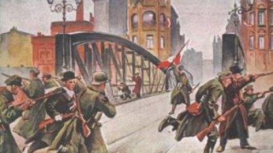 Walki przy moście Chwaliszewskim w Poznaniu na obrazie Leona Prauzińskiego. Fot. Wikimedia Commons