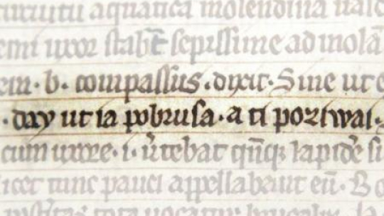 Oryginał Księgi Henrykowskiej- wyeksponowane pierwsze zdanie w języku polskim. Fot. PAP/A. Hawałej